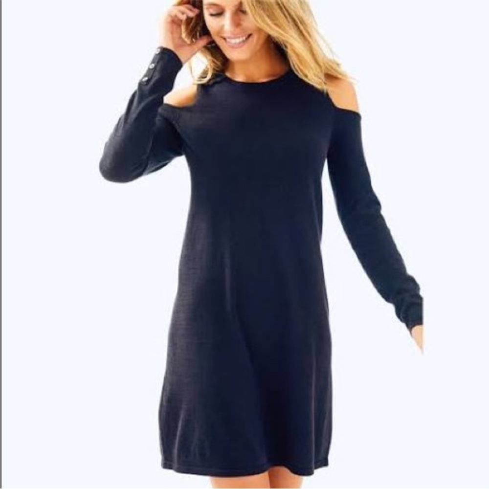 Lilly Pulitzer Faire Cold Shoulder Sweater Dress Navy EUC XS